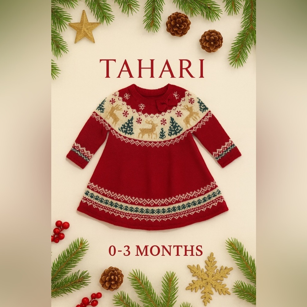 Adorable Tahari Red and Cream Knit Christmas Dress Christmas Trees Reindeer 0-3m